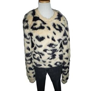 For The Republic Leopard Faux Fur Sweater Size M | Beige Black Animal Print Pull